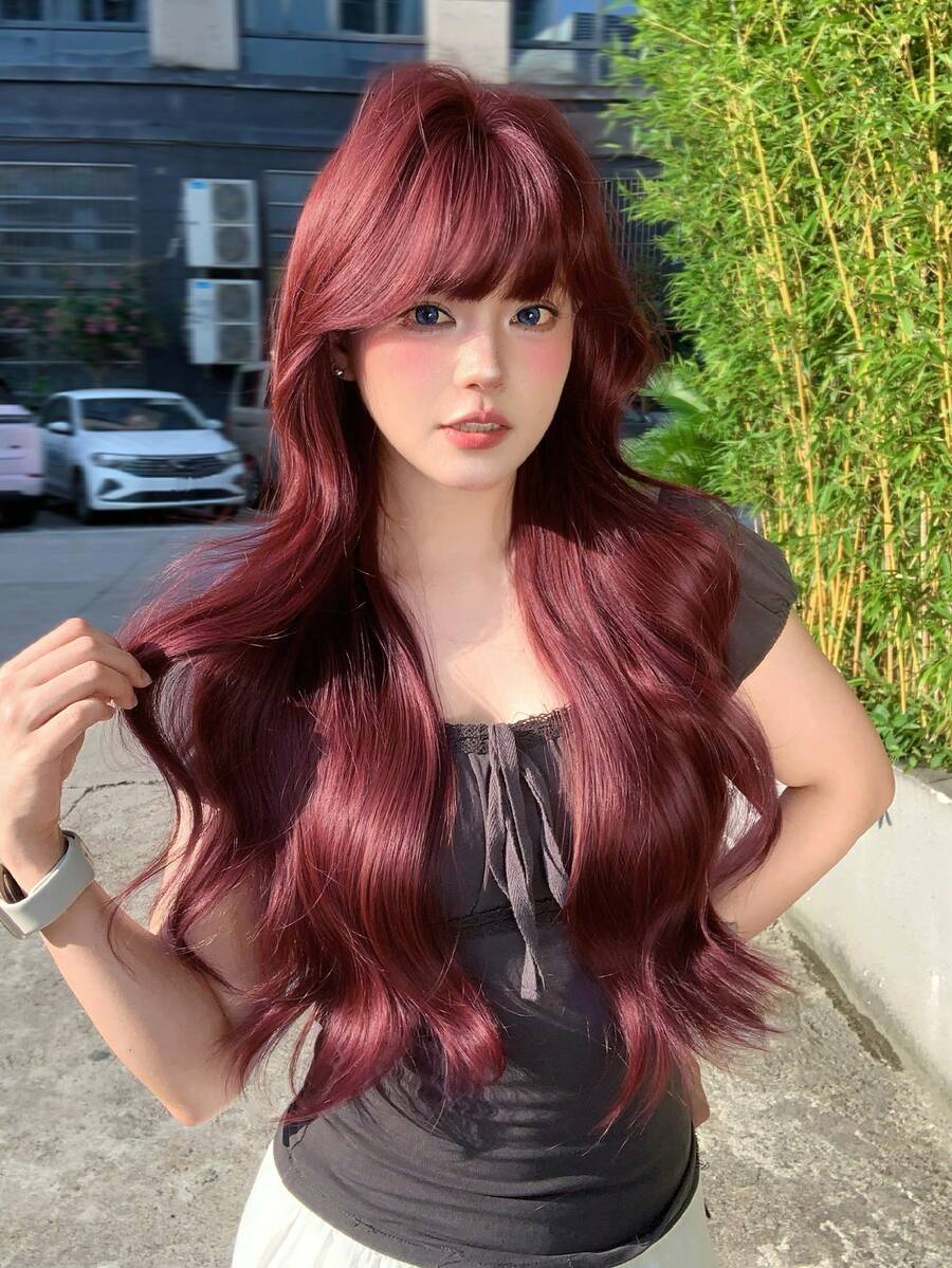 alicegarden 28-Inch Long Synthetic Wig Featuring A Natural Wavy Style In A A Stunning Burgundy. Designed With Bangs , This False Hairpiece Is Perfect For Ms Daily Party Cosplay Use, Offering A Natural And Natural Durable Wig Gift For Ladies., Halloween - Burgundy - View 1