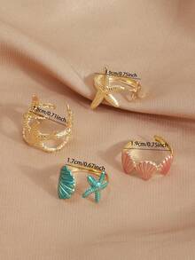 Ocean Starfish Shell Enamel Ring Set, Adjustable Open Stacking Rings, Summer Beach Vacation Jewelry For Women - Multicolor - View 4