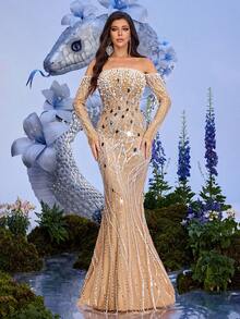 Elegant Women's Strapless Cold-Shoulder Long Sleeve Mesh Fabric Beaded Pearl Backless Formal Evening Gown - Champagne - View 7