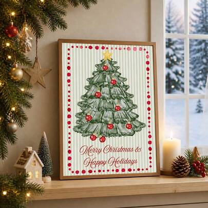 1pc Christmas Tree Canvas Wall Art Watercolor Vintage Poster Xmas Kitchen Living Room Bedroom Entryway Office Decor Holiday Painting Merry Christmas Happy Holidays Picture Home Decoration Gift Unframed/ Framed/Wooden Hanging
