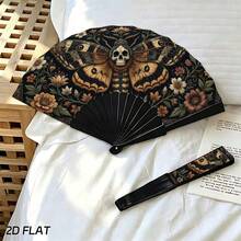 2D Flat Style, Fashionable Handheld Folding Fan, Featuring Dark Vintage Skull, Moth And Floral Pattern, Perfect For Summer Parties, Music Festivals And Bar Use. Also An Excellent Home Decor And Gift - A - View 8