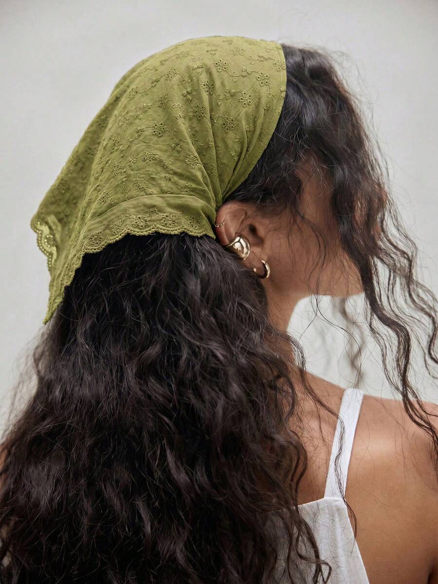 1件原創花卉圖案刺繡捲邊女款髮帶頭巾,適合日常穿著與度假 - 綠色 - 查看 1