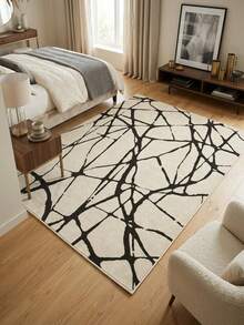 1pc Wabi-Sabi Style Beige Asymmetrical Cracked Pattern Rug, Minimalist Abstract Mesh Area Carpet For Living Room And Bedroom, Black Coffee Hand-Drawn Line Art Foot Mat, All-Season Machine Washable Home Decor - Multicolor - View 2