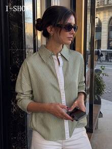 1pc Women's Fresh Classic Vertical Striped Collared Shirt, Contrast Placket Loose Drop Shoulder Long Sleeve Casual Commuter Versatile Blouse, Suitable For Daily Light Commute Work, Layered Autumn Outfit - Multicolor - View 4