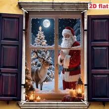 [Pai Ge Banner]1pc, Polyester Material, Christmas Theme Window Banner With Christmas Tree, Reindeer, Santa Claus Design For Christmas - Santa Claus Delivering Gifts - View 4
