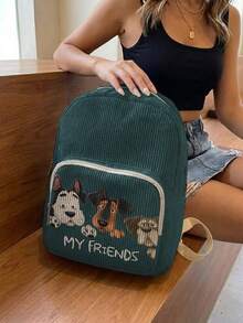 1 Piece Backpack, Women's Mini Backpack, Corduroy Girl School Bag, Travel Storage Bag, Puppy Printed Design, Large‑Capacity Foldable Easy‑To‑Store Bag, Lightweight & Pressure‑Relieving, Multi‑Pocket Layered Design With Zipper Closure - Cartoon Puppy 21175 - View 4