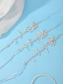 3pcs Vintage Silver Leaf Pearl Headband, Elegant Tie-Up Bridal Hair Accessory - Silver - View 2
