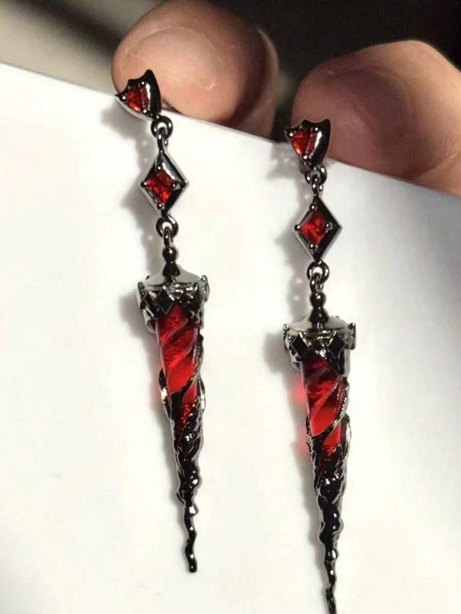 1pair Gothic Red Drop Earrings For Women, Dark Vampire Style Black Thorn & Red Crystal Dangle Earrings, Punk Alternative Jewelry - Multicolor - View 1