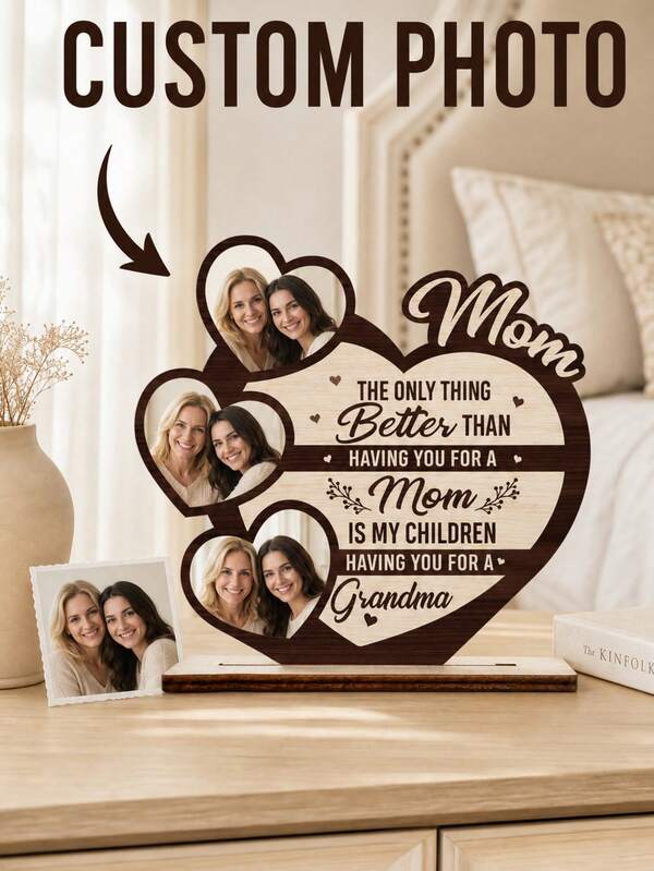 Plaque en bois en forme de cœur personnalisée avec photo, un cadeau spécial pour les mamans et les grands-mères, trois décorations de bureau avec photo, un souvenir en bois pour la fête des mères, un cadeau d'anniversaire pour grand-mère, une décoration de table en bois chaleureuse.