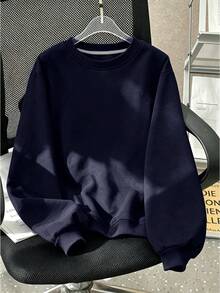 Boys Solid Color Minimalist Crew Neck Long Sleeve Sweatshirt, Casual Fashion, Suitable For Autumn/Winter Outdoor Wear - Navy Blue - View 2