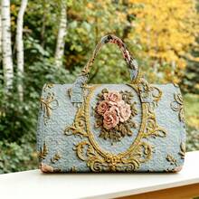 1pc Light Gray-Blue Quilted Cylinder Handbag With Baroque Rose Gold Pattern, Women's Halloween Thanksgiving Christmas Gift - Multicolor - View 5