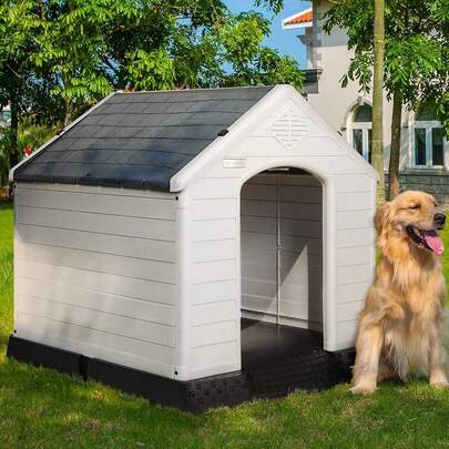 Caseta para perros de plástico para exterior e interior, resistente a la intemperie, duradera e impermeable, con suelo elevado y rejillas de ventilación. Limpieza rápida y montaje sin herramientas.