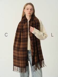 1pc Women's Vintage Fashionable Dual-Color Plaid Casual Versatile Polyester Scarf, Warm For Autumn/Winter Daily Wear - Khaki - View 7