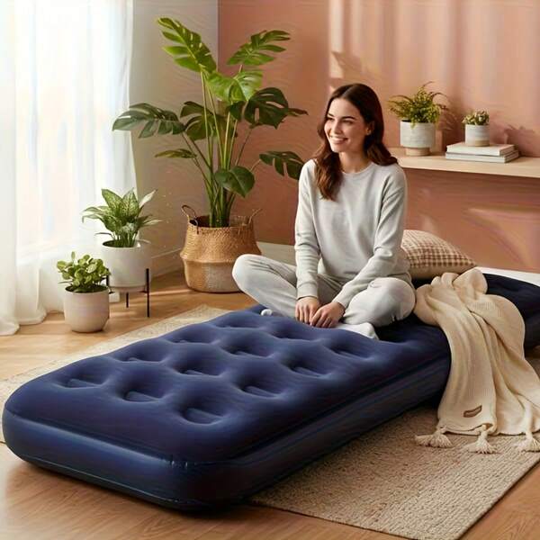 1pc Inflatable Mattress - PVC Camping Air Bed, Single/Double Flocked Air Mattress, Quick Inflation And Deflation, Foldable Portable Air Mattress, Suitable For Home Guest Stay, Temporary Bed, Camping, Travel, Comfortable Air Mattress