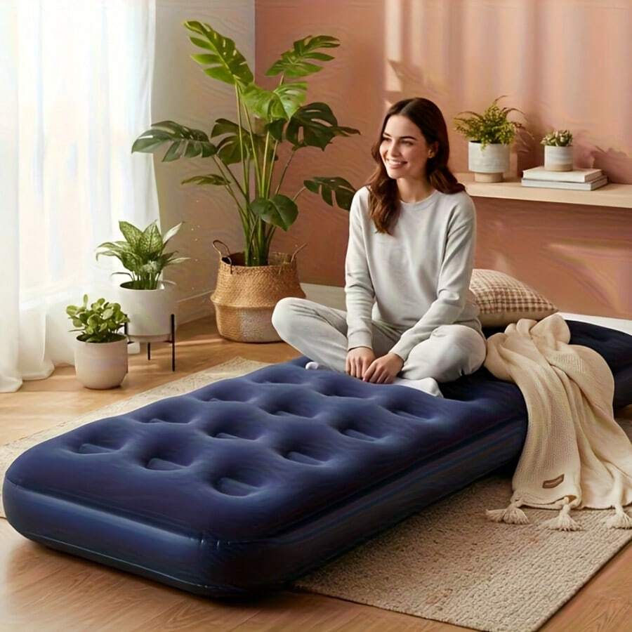1pc Inflatable Mattress - PVC Camping Air Bed, Single/Double Flocked Air Mattress, Quick Inflation And Deflation, Foldable Portable Air Mattress, Suitable For Home Guest Stay, Temporary Bed, Camping, Travel, Comfortable Air Mattress