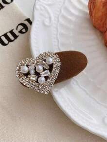 2PCS Vintage Plush Heart-Shaped Hair Clips, Rhinestone & Faux Pearl Duckbill Hair Clips, Exquisite Daily Bangs Styling Accessories - Multicolor - View 2