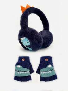 2pcs Cartoon Dinosaur Plush Earmuff Gloves Set, Winter Outdoor Cold Protection Ear Cover, Flip-Up Half-Finger Gloves, Suitable For Boys And Girls - Navy Blue - View 8