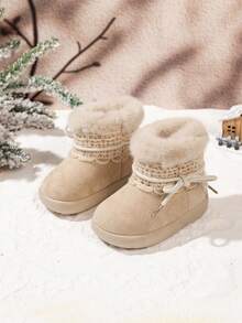 1 Pair Winter Baby Snow Boots, Cute Bear Decoration, Plush Fur Trim, Thickened Style - White - View 3