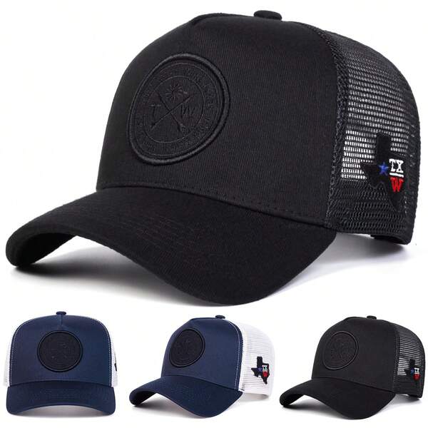 1 st herr TW trucker keps, personlig broderad basebollkeps med bokstav, sol- och kompassmönster, street mode meshkeps, avslappnad keps för utomhusbruk och solskydd, vår/höst, resa, strand och semester