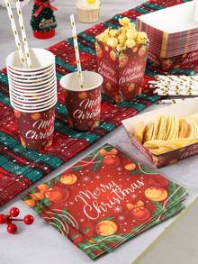 10/24pcs Red Christmas Ball, Pine Branch And Bow Print Paper Tableware Set, Includes Paper Cups, Popcorn Food Boxes, Napkins And Straws, Disposable Paper Tableware Suitable For New Year Celebrations, Family Gatherings, Dessert Events And Seasonal Parties - Multicolor - View 6