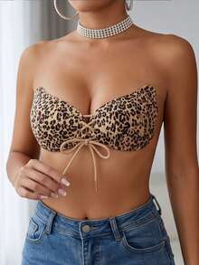 YIYANG 2/1pc Women's Leopard Print Invisible Adhesive Bra, Strapless Backless Breast Pads, Adjustable Tie-Up Push-Up Bra, Seamless Fit, Suitable For Evening Dresses With Low Neckline And Open Back - Multicolor - View 3