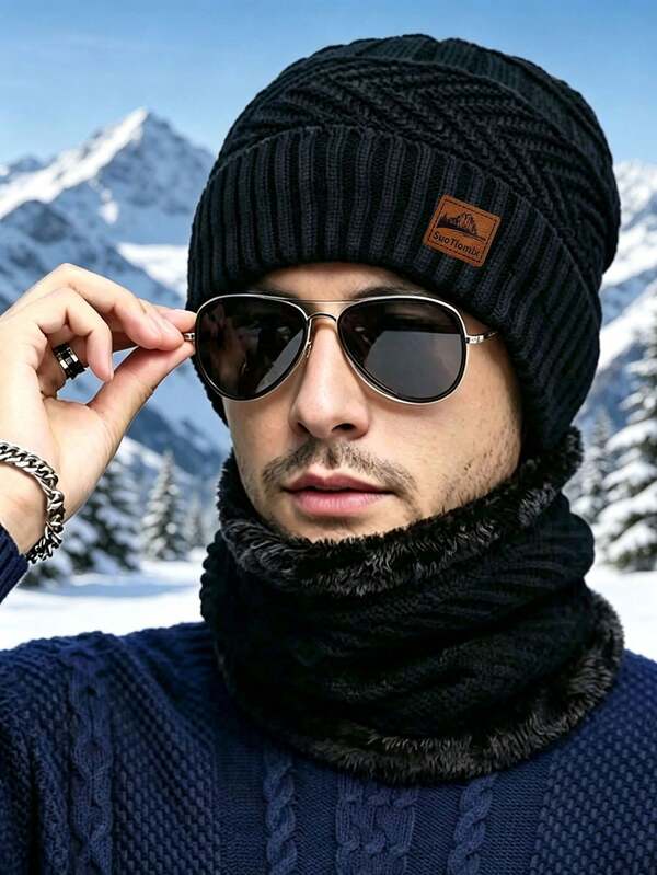 2PCS Men's Knitted Hat And Scarf Set, Autumn/Winter, Cold-Proof Ear-Protective Woolen Hat Set, Suitable For Daily Wear