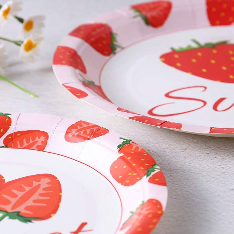7/9 Inch Strawberry Series Printed Disposable Paper Plates, Floral Strawberry Disposable Party Plates, Party Decorations, Disposable Party Supplies, Birthday Party, Gift Party, Celebration Disposable Tableware - Lace Strawberry - View 6