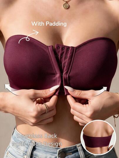 Women's Strapless Non-Wired Push-Up Bandeau Bra, Anti-Slip Back Hook Comfortable Casual Daily Wear Bra