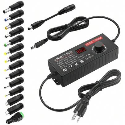 108W Adjustable Power Adapter, From 100-240V AC To 3-36V DC, With Adjustable 5V/9V/12V/15V/20V/24V, 26V, 28V, 30V, 33V, 36V Knobs, LCD Screen, Voltage Display, Positive And Negative Pole Adapter Cables, And 14 Different Types Of Connectors.