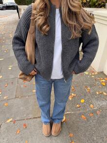 PEONY Women's Autumn Casual Commute Grey Ribbed Stand Collar Zipper Short Knit Cardigan, Suitable For Party, Beach, Commute, Office, Birthday Party - Grey - View 4
