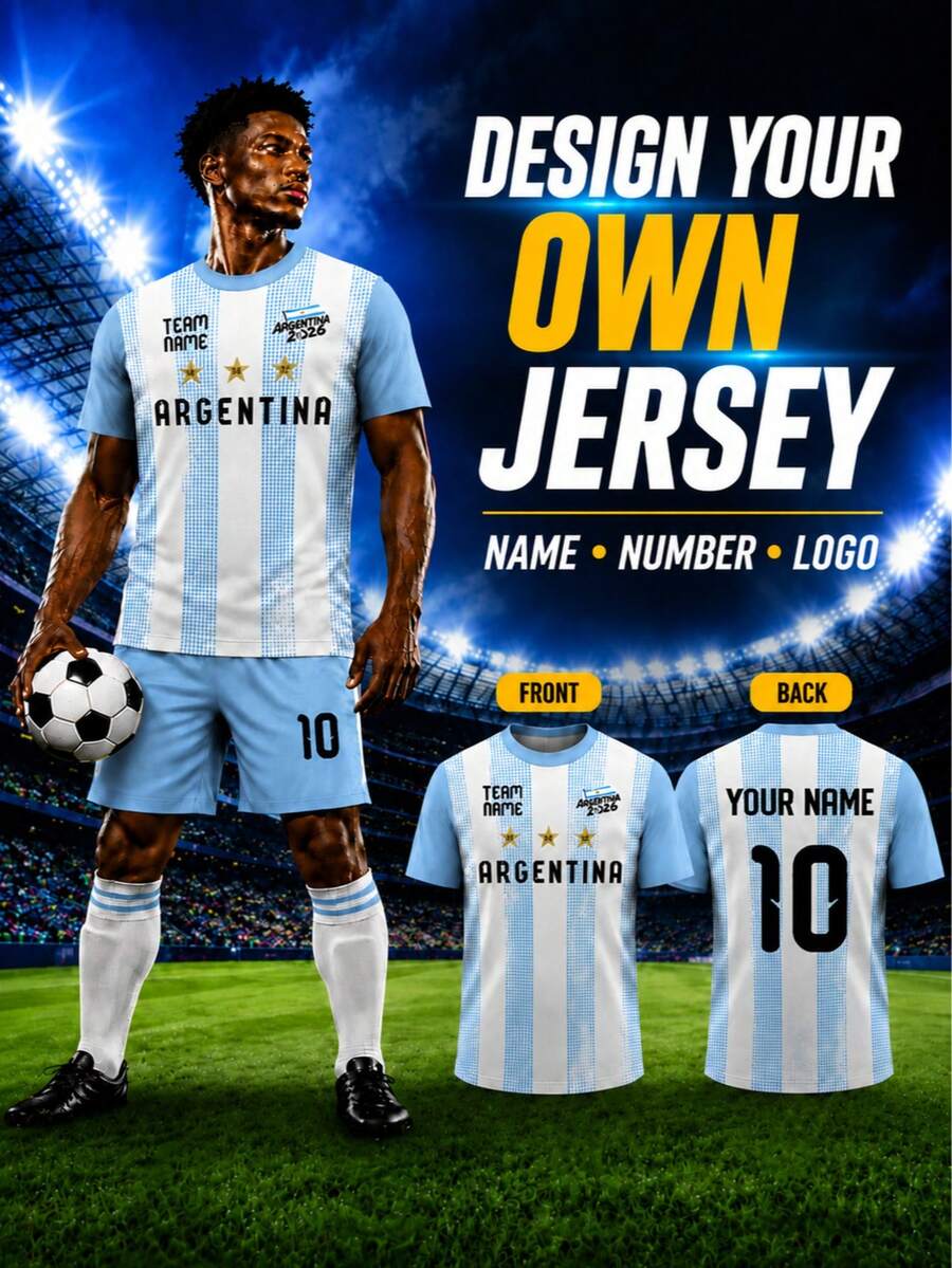 1pc Argentina Theme Football T-Shirt: White & Blue, Custom Service - Add Your Name, Favorite Number & Unique Design Elements. Best Gift. Sports - Blue and White - View 1