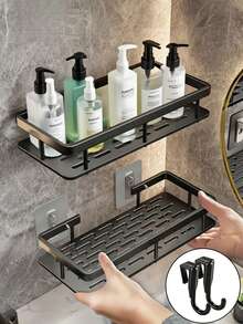 1pc No-Drill Adhesive Bathroom Shelf, With 2 Hooks, Minimalist Shower Corner Storage Rack, Waterproof Plastic Toiletries Organizer, Suitable For Shampoo And Bathroom Accessories, Ideal For Renters - A - View 9