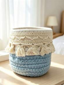 Bohemian Style Woven Tassel Cotton Rope Storage Basket, Handmade Small Desktop Organizer, Decorative Countertop Basket For Cosmetics, Pens, Small Items, Home Vanity Decor - Multicolor - View 7