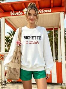 Women's Crew Neck Sweatshirt, Travel Pullover, Cotton Top, Women's Autumn/Winter Basic Sweatshirt - White - View 3