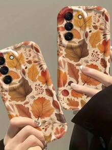 1pc Cream Wavy Ins Shockproof Anti-Drop Protective Phone Case, Beautiful Autumn Maple Leaf Phone Shell, Vintage Autumn Dried Leaf Print Soft TPU Shockproof Protective Phone Case, Compatible With Android Devices Anti-Drop Protective Shell For Samsung, Series Phones - White - View 4