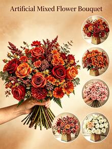 Artificial Flower Bouquet, Including Roses, Daisies, Double-Petal Flowers And Eucalyptus Leaves; Premium Mixed Floral Arrangement, Suitable For Home Decor, Holiday Decoration, Photography Props, Gift Decoration, Autumn Styling And Wedding Display. - Multicolor - View 2