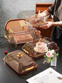 Tray With Cake Lid, Gold Thickened Transparent PET Rectangular Tray With Handle And Cake Lid, Plastic Storage Tray, Suitable For Tea Cups, Water Cups, Gold Rim Style - Amber - View 3
