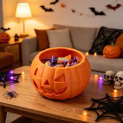 1 bát đựng kẹo bí ngô Halloween, đĩa kẹo Jack-O'-Lantern nhựa in 3D, bát đựng kẹo Trick Or Treat Halloween, đồ dùng bàn tiệc, trang trí bàn Halloween, trang trí Ngày của những người chết, không tiếp xúc với thực phẩm