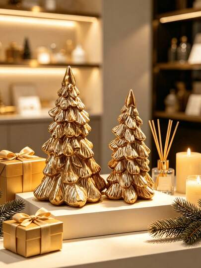 1 Set Ornamen Pohon Natal Resin Emas Metalik Vintage, Dekorasi Natal Meja, Dapat Diletakkan di Atas Perapian, Rak Buku, Meja Kopi untuk Menciptakan Suasana Dekorasi Rumah Liburan
