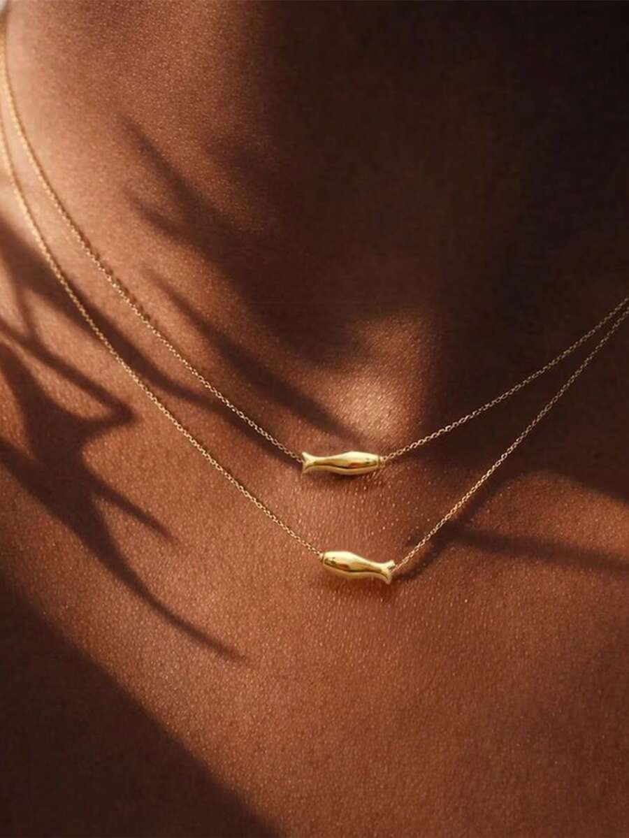EleRunis 1PC 925 Sterling Silver Dainty Tiny Gold Fish Pendant Necklace Layering Necklace Minimalist Animal Necklace Design Birthday Gift Fish Jewelry Gift - Gold - View 1