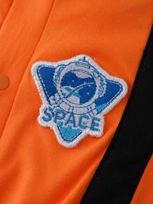 Interstellar Exploration Style Newborn Jumpsuit, Contrast Color Webbing Badge Decor Infant Long Sleeve Jumpsuit - Orange - View 7