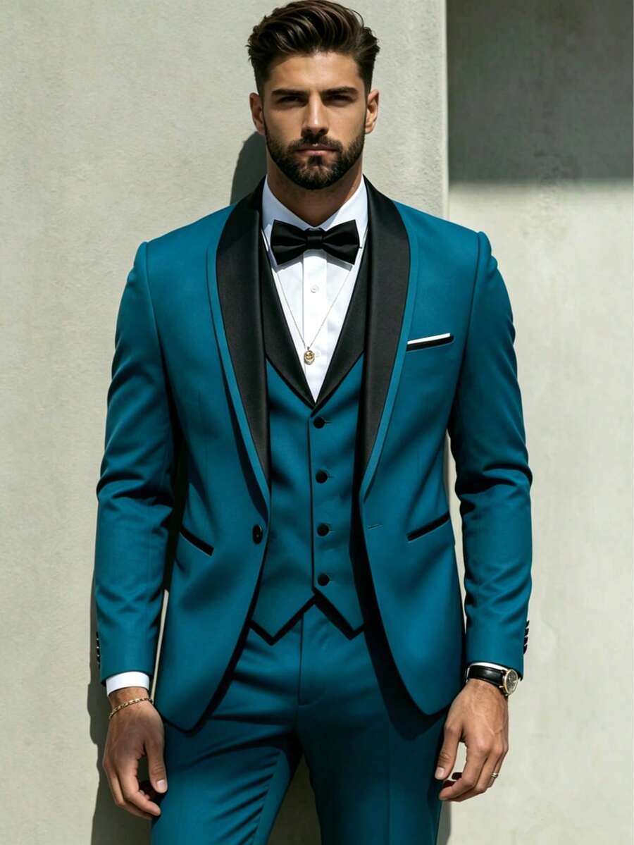 SuitGent 3 Pieces Men's High-Quality Business Suit, Color Block Groom Wedding Attire, Slim Fit Casual Suit Jacket And Trousers Set, Spring Tuxedo Suit