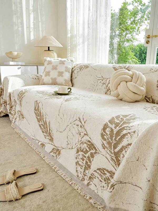 1pc Modern Minimalist Leaf Pattern All-Season Chenille Sofa Throw Blanket, Anti-Cat Scratch Stain-Resistant Sofa Cover, Machine Washable, Furniture Protector, Suitable For Bedroom And Living Room Home Decor - Fits Single, Double, Three-Seater And Four-Seater Sofas