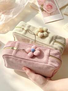 1pc Large Capacity Corduroy Makeup Bag, Floral Charm Minimalist Solid Color Pencil Case, Student Stationery Storage Essential, Multi-Functional Travel Organizer, Y2K Fashion Travel Cosmetic Bag - View 5