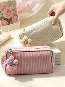 1pc Large Capacity Corduroy Makeup Bag, Floral Charm Minimalist Solid Color Pencil Case, Student Stationery Storage Essential, Multi-Functional Travel Organizer, Y2K Fashion Travel Cosmetic Bag - View 10