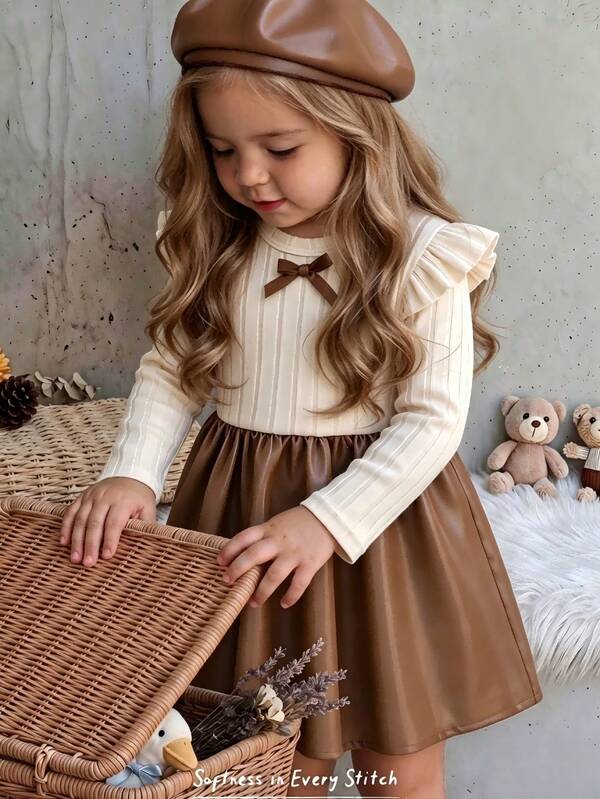 Deep Autumn/Winter Baby Girl Brushed Fabric & PU Patchwork Dress, Small 3D Bow Decor At Neckline, Paired With PU Hat, Fashionable And Elegant
