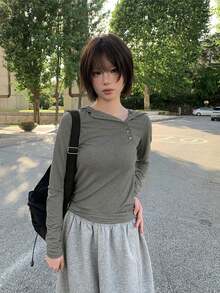 Korean Style Early Spring Versatile Retro Minimalist Design Asymmetric Button Slim Fit Flattering Hooded T-Shirt Top - Dark Grey - View 5