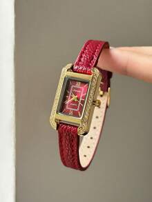 1pc Classic Rectangular Red Dial Watch With Rhinestone Bezel And Red PU Strap, Suitable For Daily Wear - Red - View 1