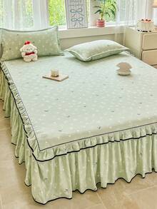 3件組可愛粉色蝴蝶結與花卉印花荷葉邊床裙套組,黑色對比包邊床裙罩,適用於宿舍、臥室床上用品,多尺寸可選,四季通用 - 淡綠 - 查看 9