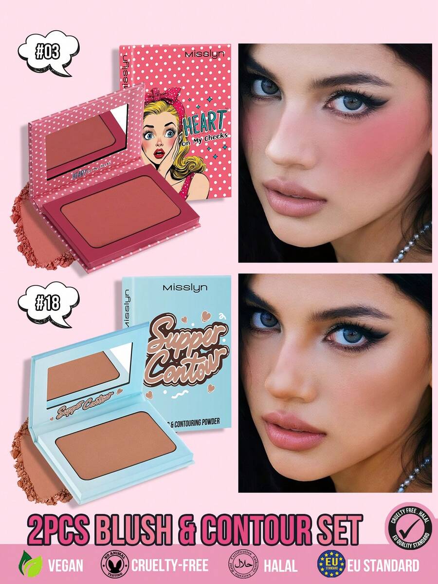 MISSLYN 2pcs HEART ON MY CHEEKS POWDER BLUSH & SUPPER CONTOUR Bronzing & Contouring Powder Set, Silky Blendable Pigment, Natural Warm Glow, Face Palette Cheek/Contour, Daily/Party/Summer, Y2K/Soft Glam/Sun-Kissed, Blush & Bronzer Set,Halloween Makeup - #03+#18 - View 1